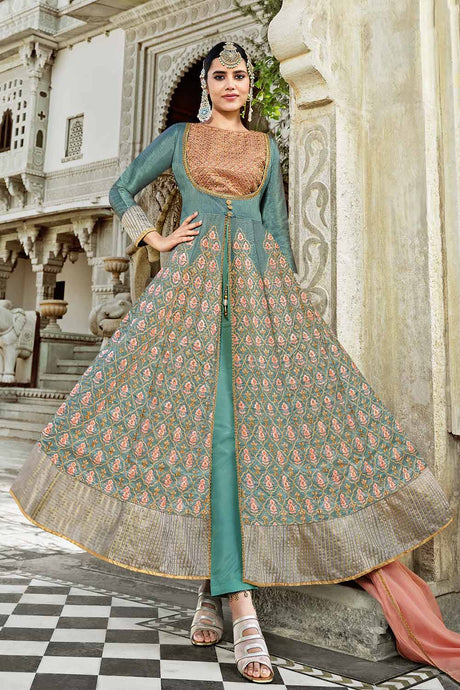 Buy Art Silk Embroidered Dress Material in Sea Green