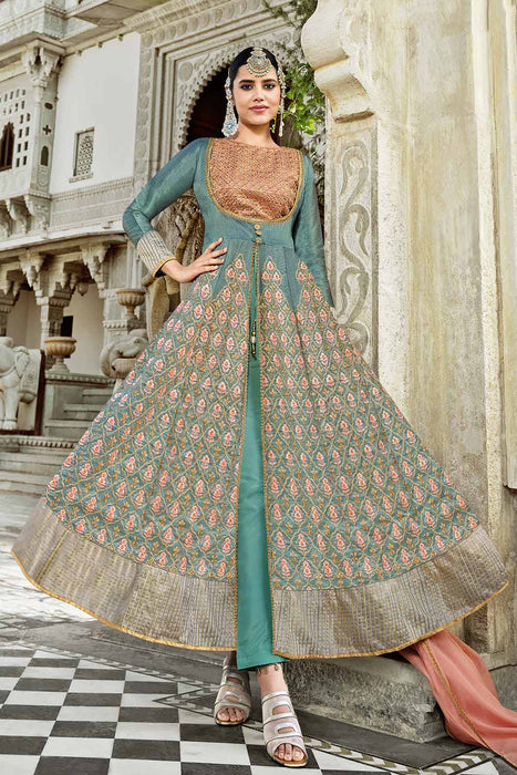 Buy Art Silk Embroidered Dress Material in Sea Green Online
