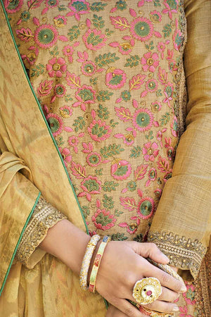 Buy Haandloom Art Silk Embroidered Dress Material in Chickoo - Front