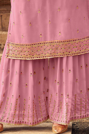 Buy Georgette Stone Embroidered Dress Material in Pink - Front