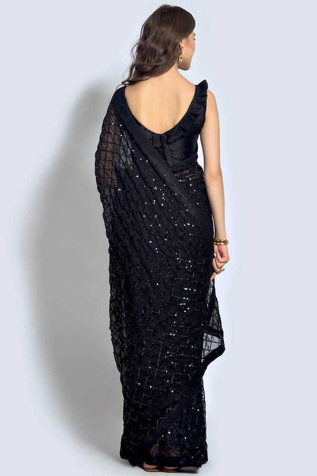 Black Georgette Sequin Saree (ACU2758)