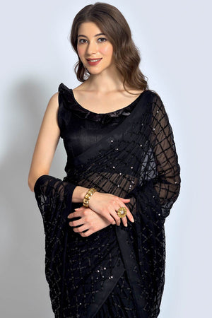 Black Georgette Sequin Saree (ACU2758)