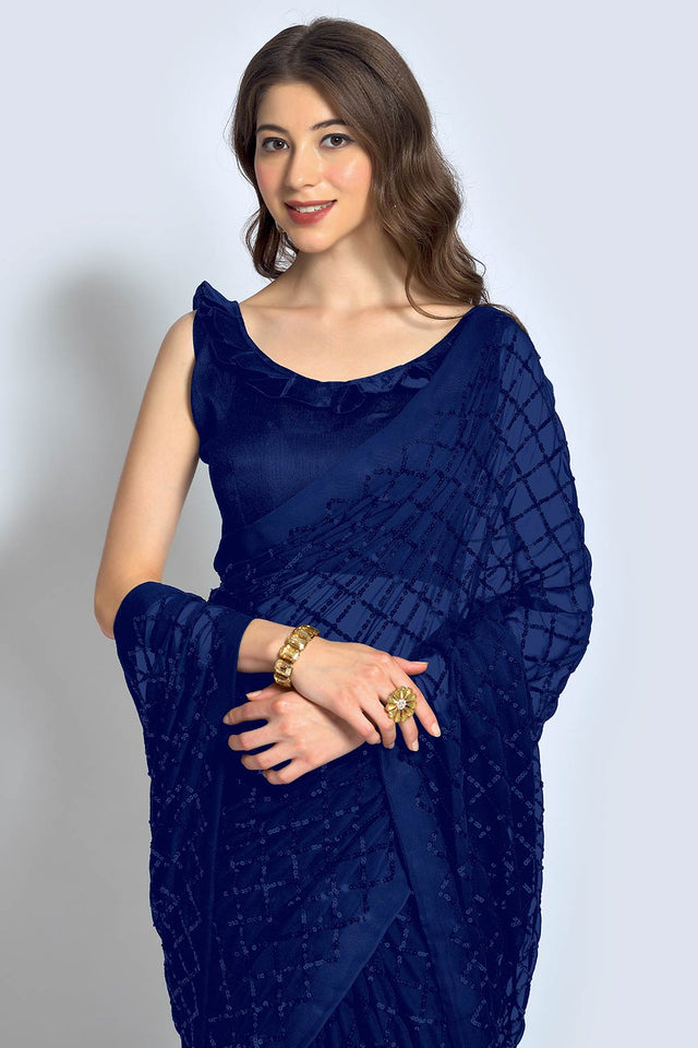 Blue Georgette Sequin Saree