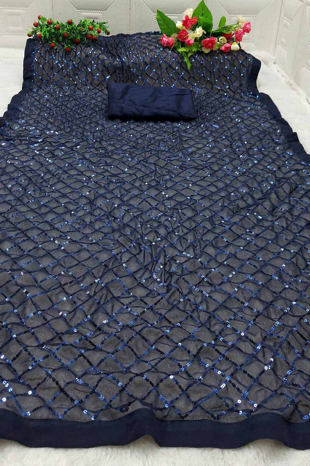 Blue Georgette Sequin Saree