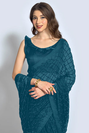 Teal Georgette Sequin Saree