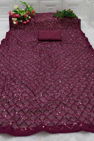 Wine Georgette Sequin Saree