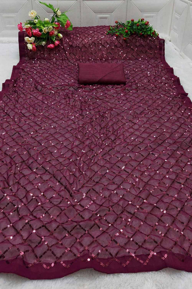 Wine Georgette Sequin Saree