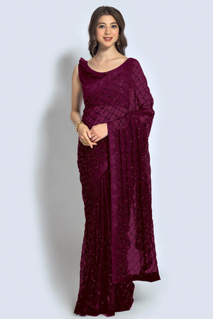 Wine Georgette Sequin Saree