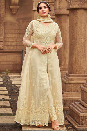 Beige Net Embroidered Sharara Suit
