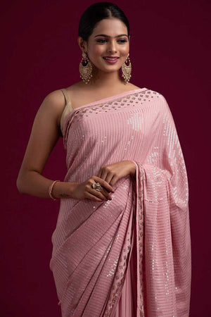 Pink Georgette Sequin Saree