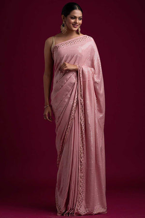 Pink Georgette Sequin Saree
