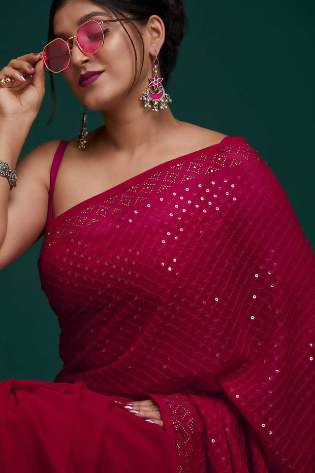 Dark Pink Georgette Sequin Saree