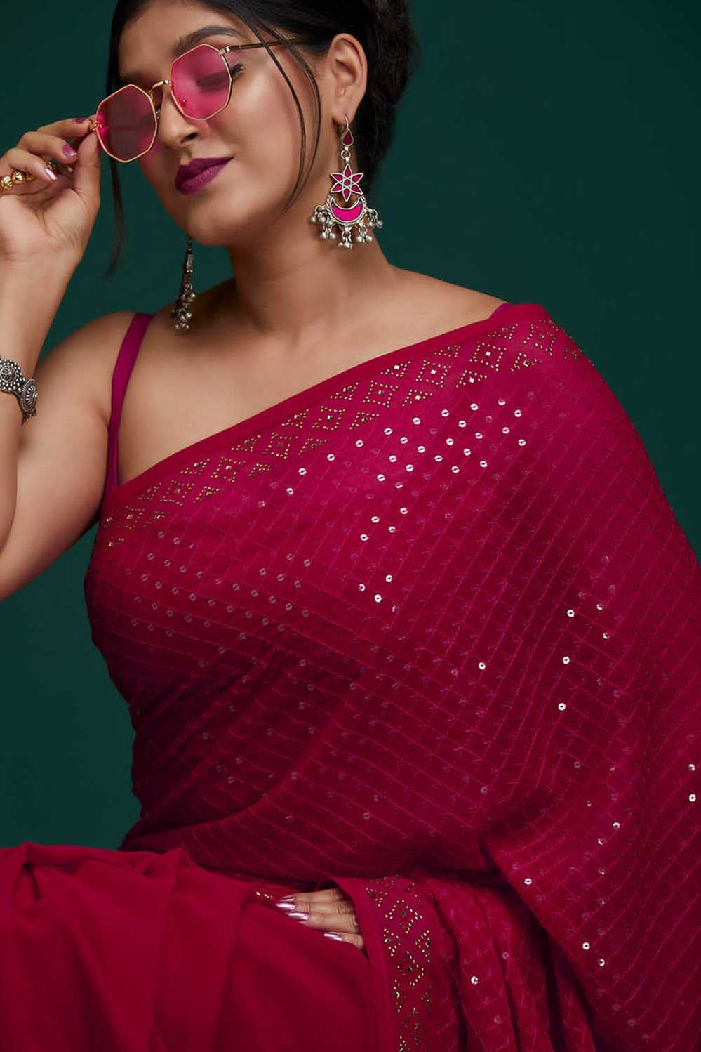 Sequin Embroidered Pure Georgette Pink Saree main image 0