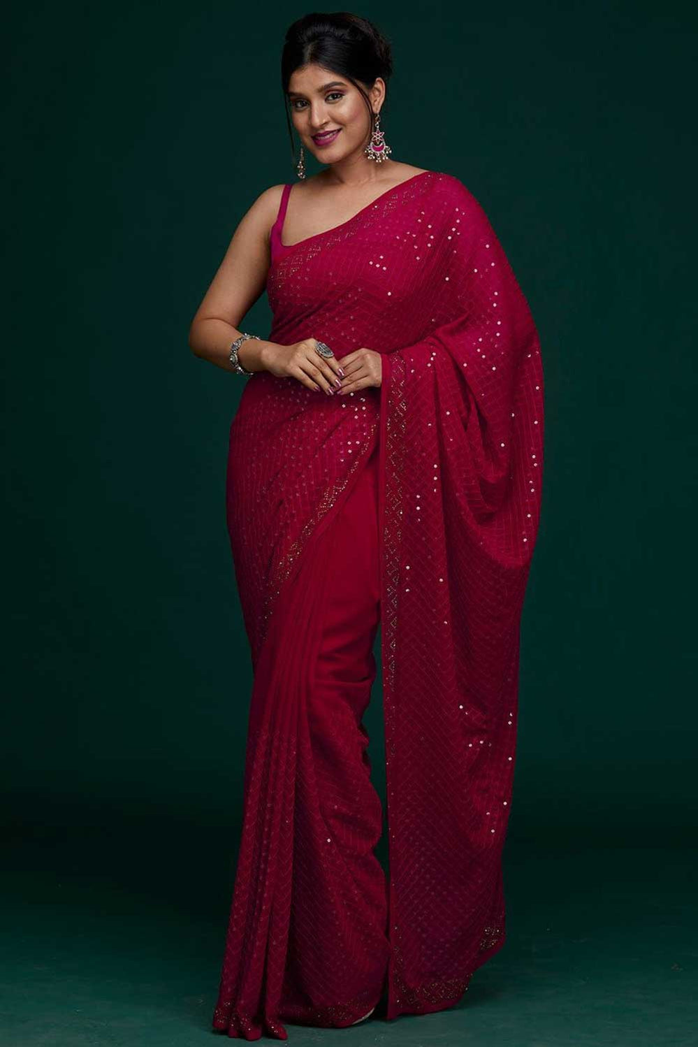 Sequin Embroidered Pure Georgette Pink Saree main image 1