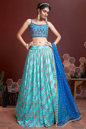 Blue Banglori Silk Digital Mirror Embroidery Work Lehenga Choli