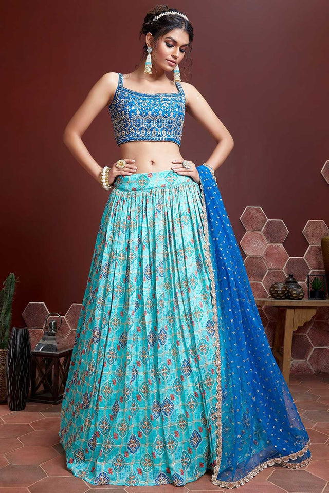 Blue Banglori Silk Digital Mirror Embroidery Work Lehenga Choli