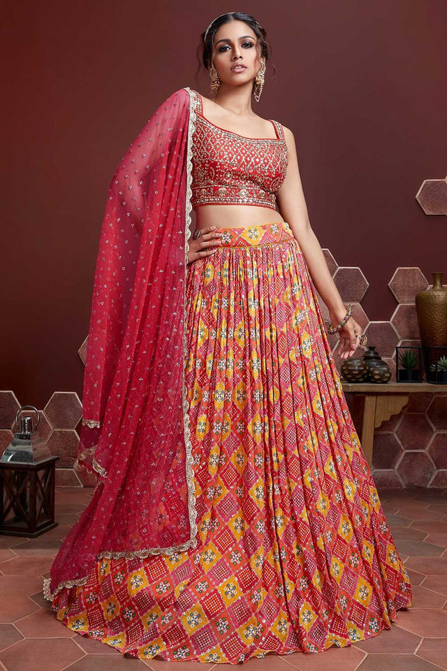 Red Banglori Silk Digital Mirror Embroidery Work Lehenga Choli