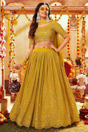 Mustard Faux Georgette Sequin Embroidery Work Lehenga Choli