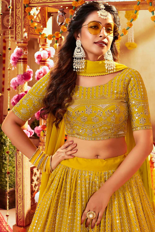 Mustard Faux Georgette Sequin Embroidery Work Lehenga Choli