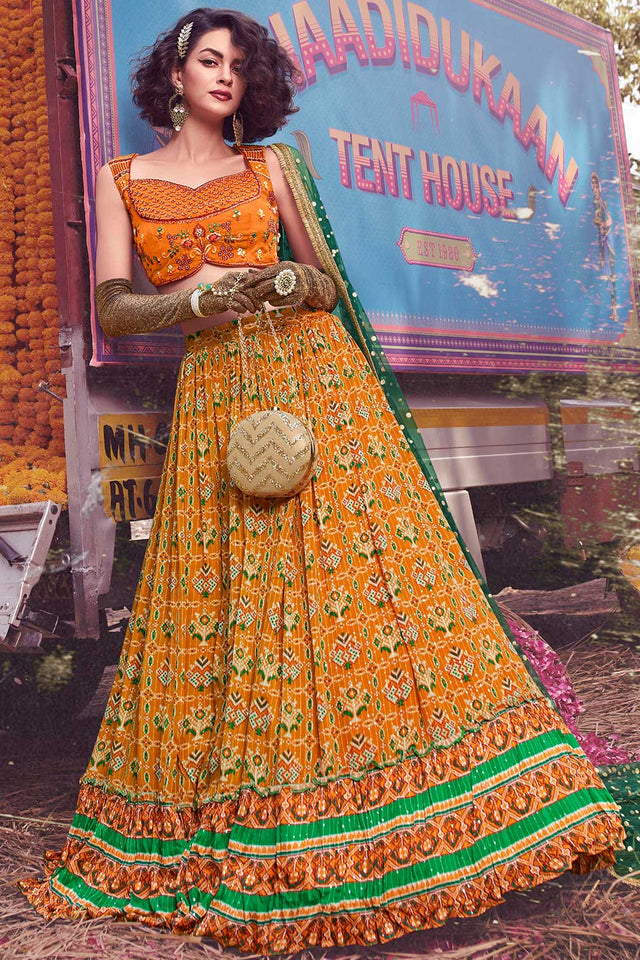 Mustard Art Silk Printed And Thread Embroidery And Work Lehenga Choli (ACU5783)