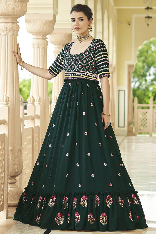 Green Georgette Shibori Printed And Sequin Embroidery Work Gown