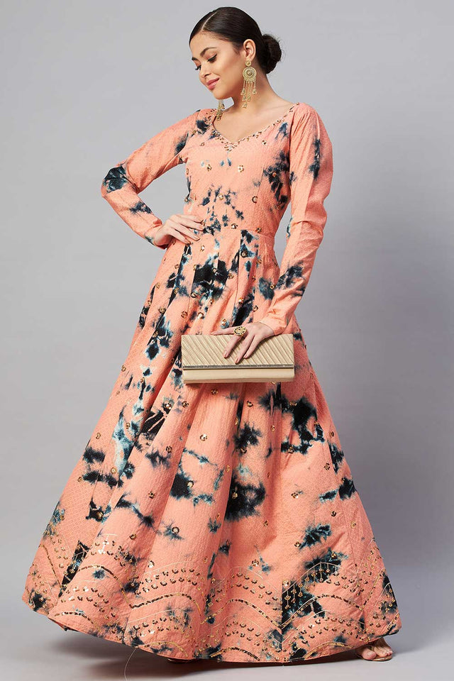 Peach Cotton Shibori Printed And Sequin Embroidery Work Gown