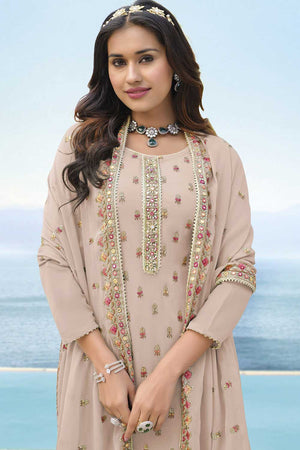 Beige Faux Georgette  Embroidered Palazzo Suit Set