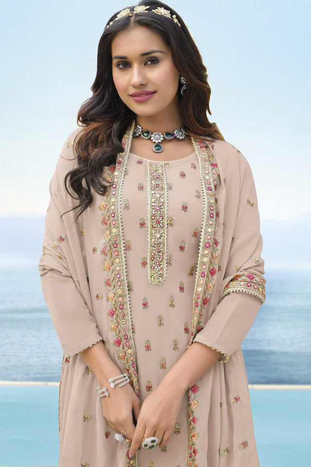 Beige Faux Georgette  Embroidered Palazzo Suit Set