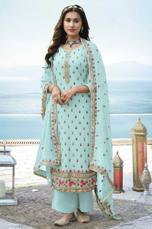Sky Blue Faux Georgette  Embroidered Palazzo Suit Set