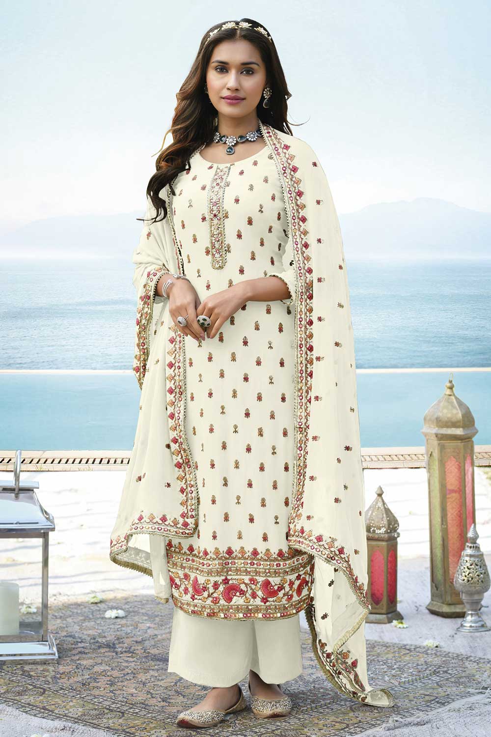 Buy Off White Faux Georgette Embroidery Work Plazzo Dress Material Online - KARMAPLACE Buy Off White Faux Georgette Embroidery Work Plazzo Dress Material Online - KARMAPLACE