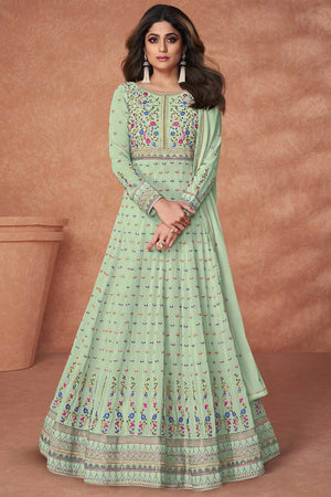 Pista Georgette Multi Thread Embroidery Work Anarkali