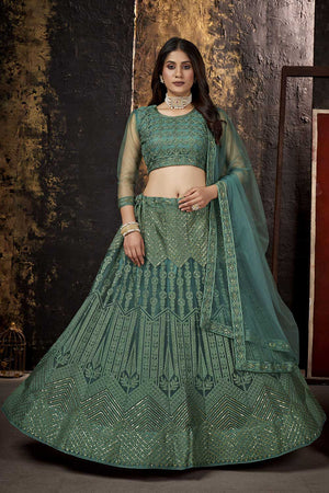 Green Net Thread And Sequin Embroidery Work Lehenga Choli