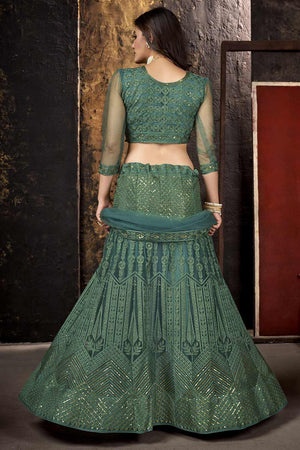 Green Net Thread And Sequin Embroidery Work Lehenga Choli