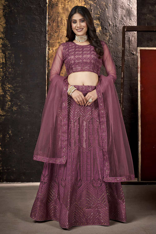 Wine Net Thread And Sequin Embroidery Work Lehenga Choli