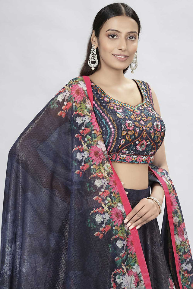 Black Art Silk Thread Embroidery Work Lehenga Choli (ACU6900)