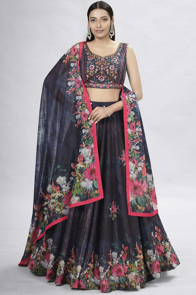 Black Art Silk Thread Embroidery Work Lehenga Choli (ACU6900)