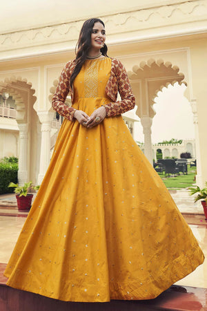 Mustard Cotton Thread And Sequins Embroidery Work Gown With Koti