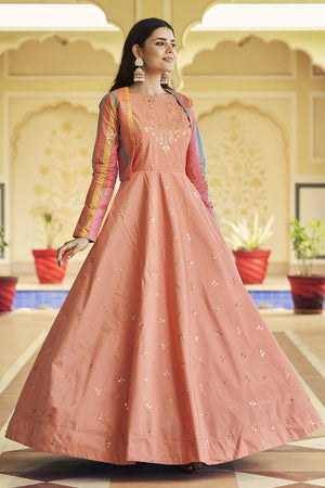 Peach Cotton Thread And Sequins Embroidery Work Gown With Koti