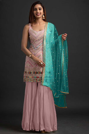 Peach Faux Georgette Sequin Embroidery Work Sharara Set