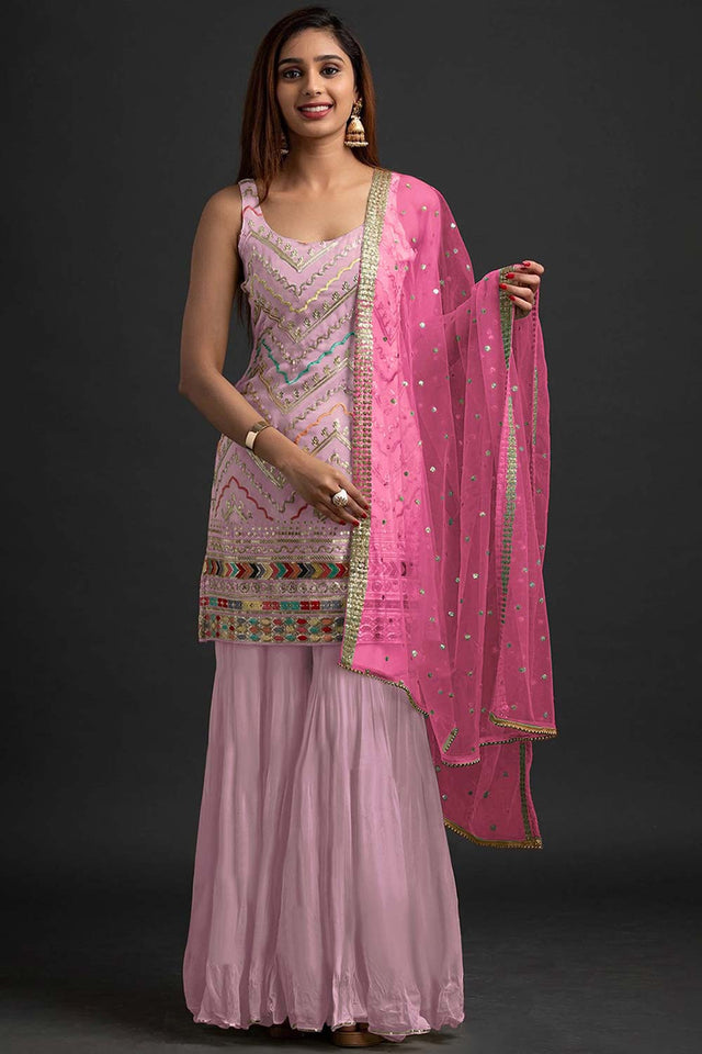 Pink Faux Georgette Sequin Embroidery Work Sharara Set
