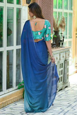 Blue Chiffon Sequins Swarovski Embroidery Work Saree