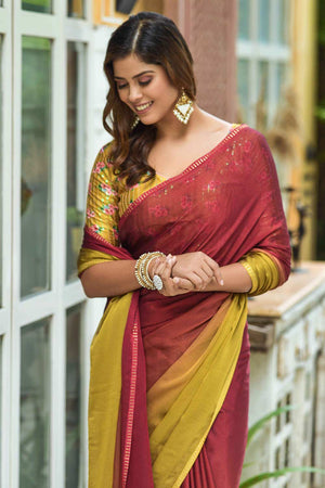 Maroon Chiffon Sequins Swarovski Embroidery Work Saree