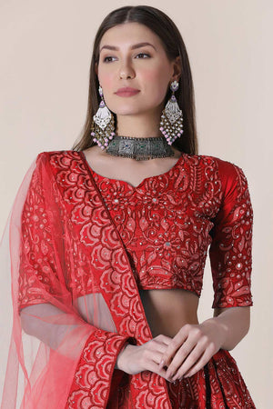 Red Taffeta Silk Thread Embroidery With Stone Work Lehenga Set