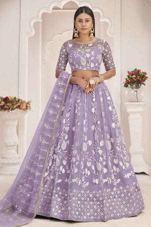 Lavender Butterfly Net Cotton Thread Sequin Embroidery Lehenga Set