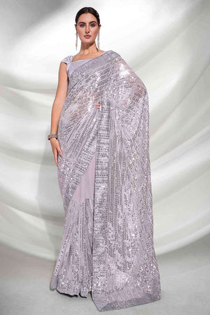 Buy Grey Georgette Art Silk Heavy Designer saree Online - KARMAPLACE