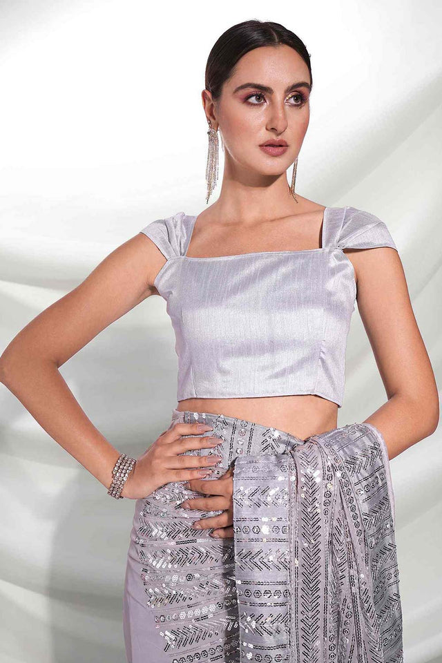 Grey Georgette Sequins Saree