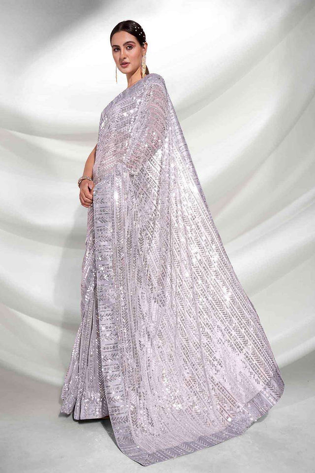 Grey Georgette Sequins Saree