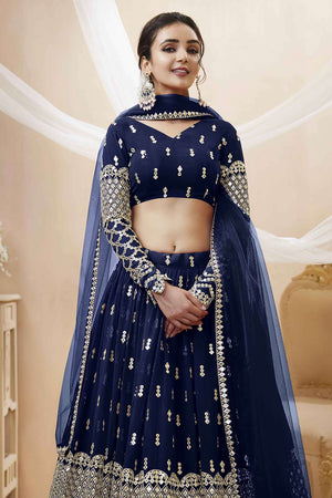 Navy Blue Georgette Sequins Embroidered Lehenga Set