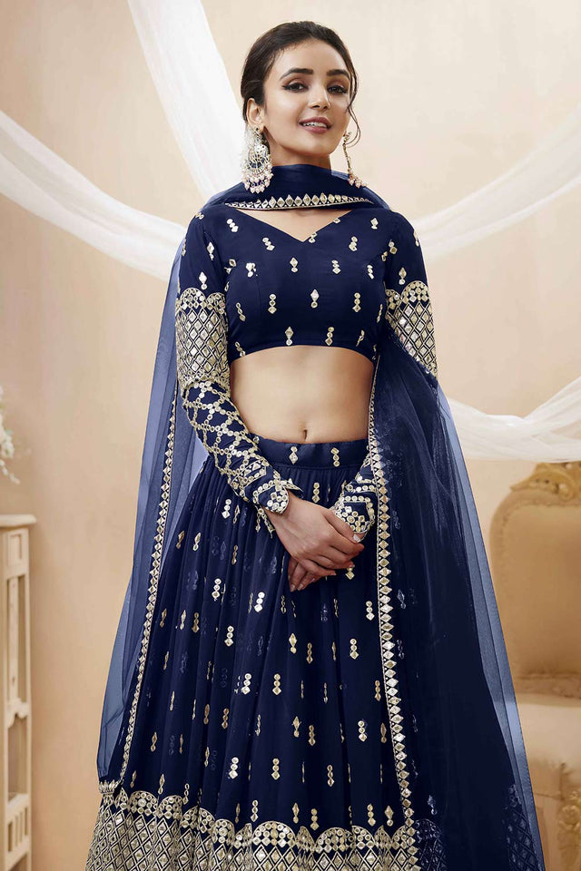 Navy Blue Georgette Sequins Embroidered Lehenga Set
