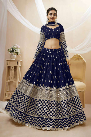 Navy Blue Georgette Sequins Embroidered Lehenga Set